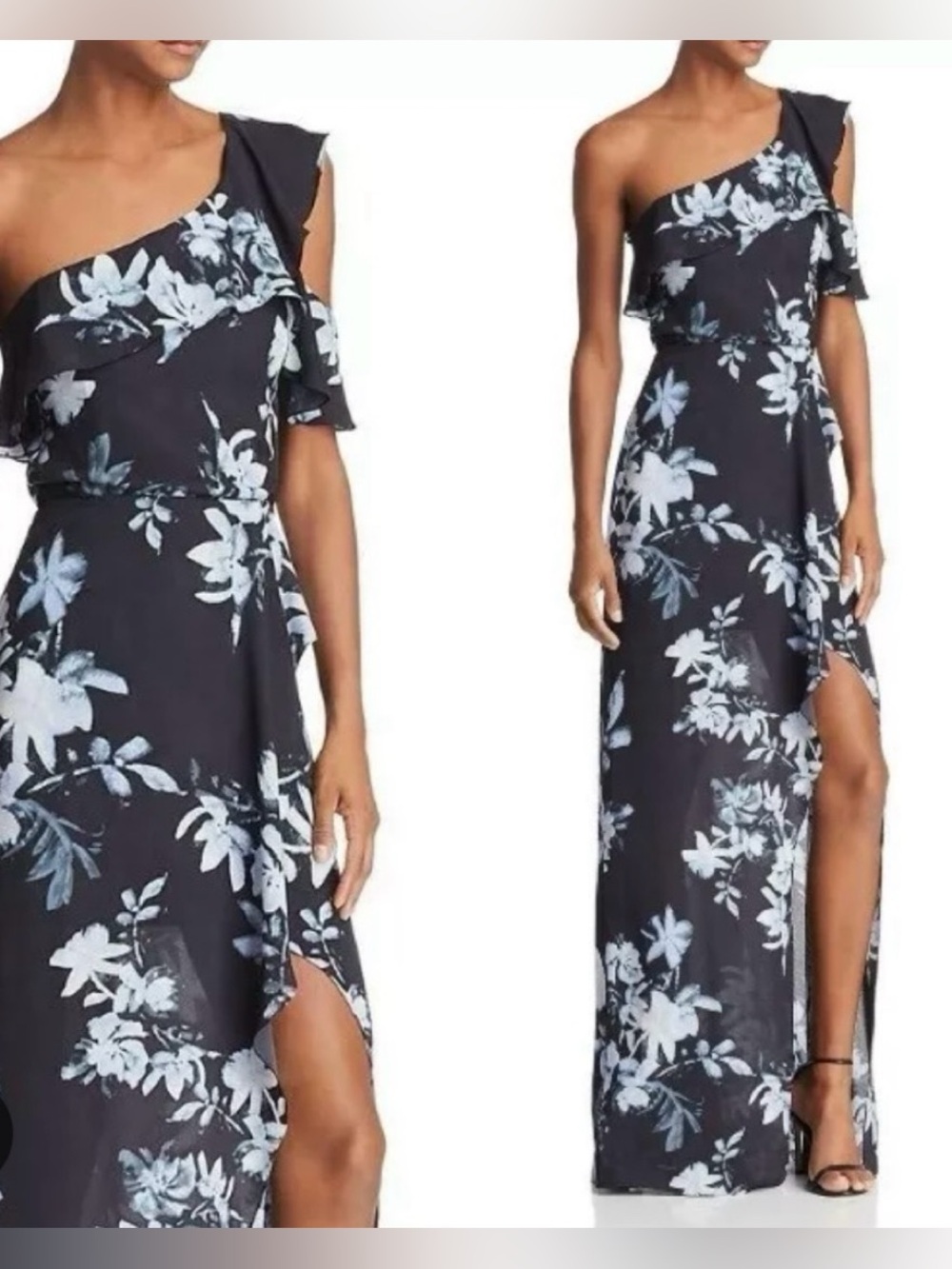 BCBGMaxAzria Navy One-Shoulder Floral Maxi Dress Gown size 0